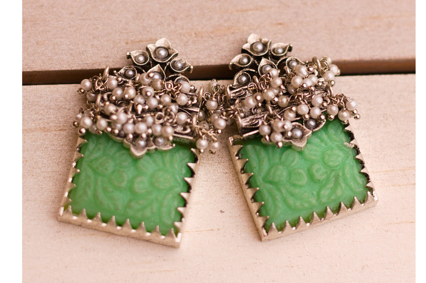Pearl Cluster Soft Jade Engraved Earrings