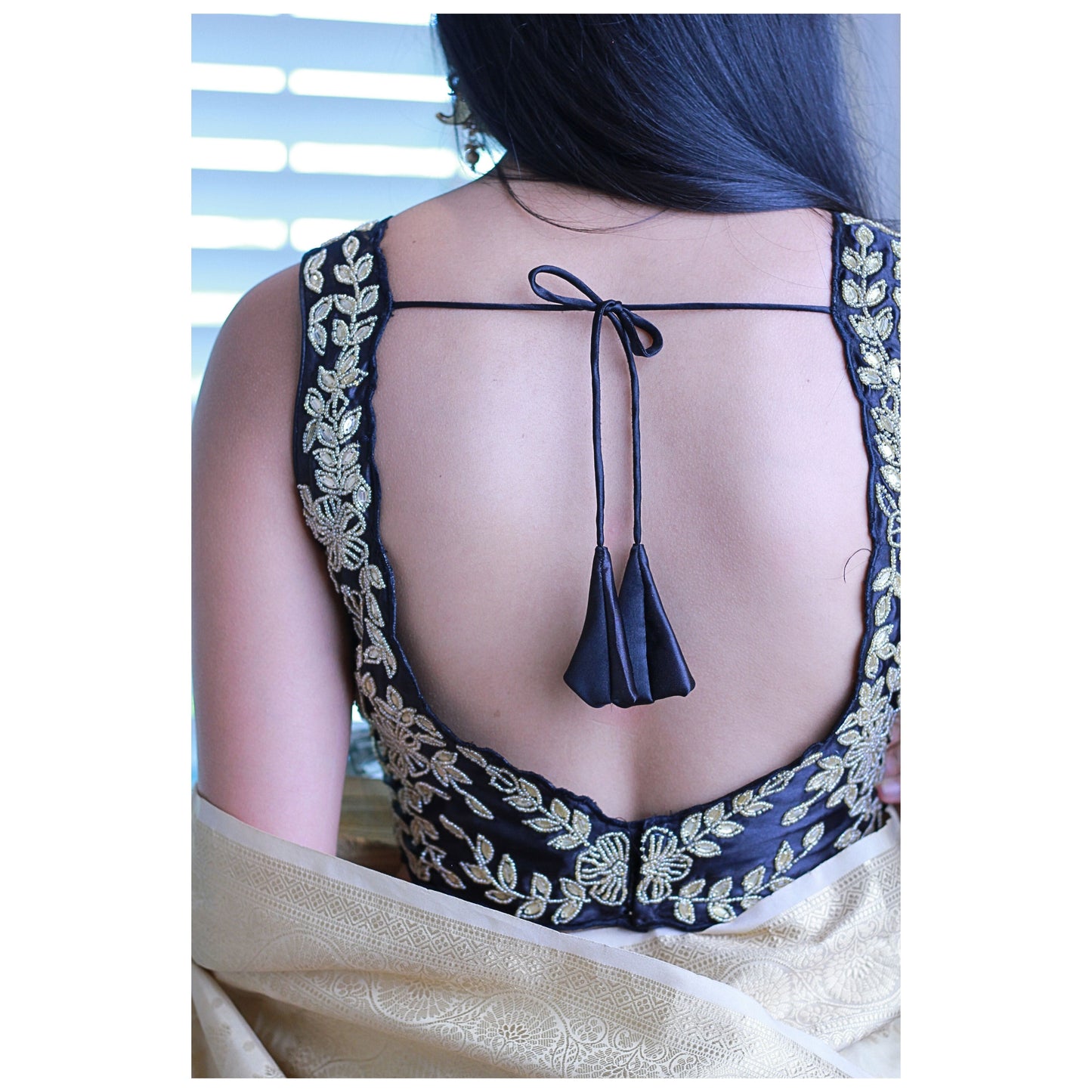 Black and Gold Hand‑Embroidered Scallop‑Edge Blouse / Size 36