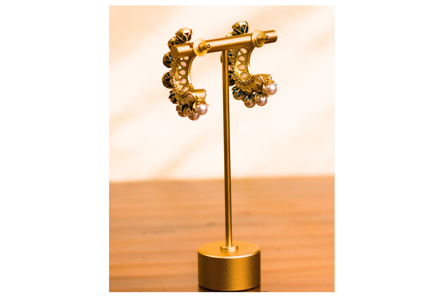 Teal Meena Pearl and Stone Half Hoop Earrings