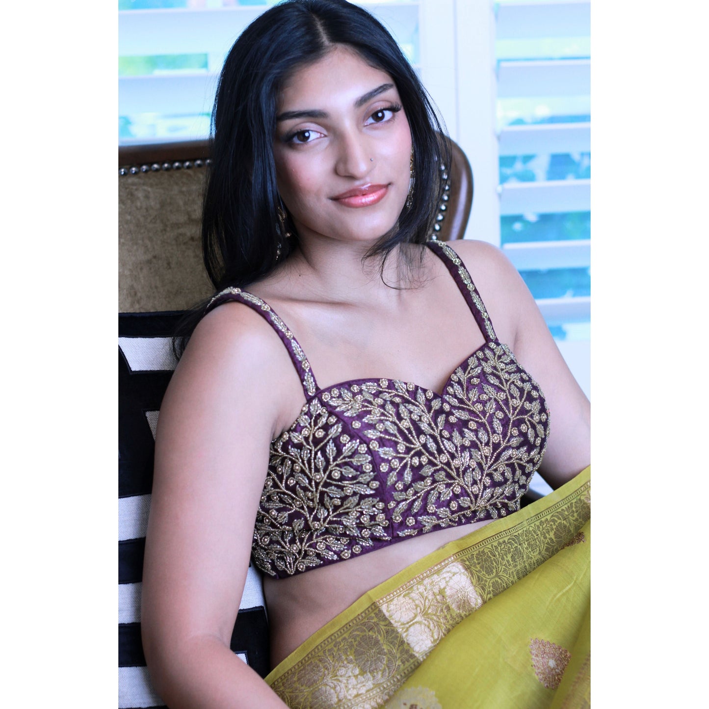 Deep Purple Velvet Blouse with Gold Hand Embroidery / Size 38