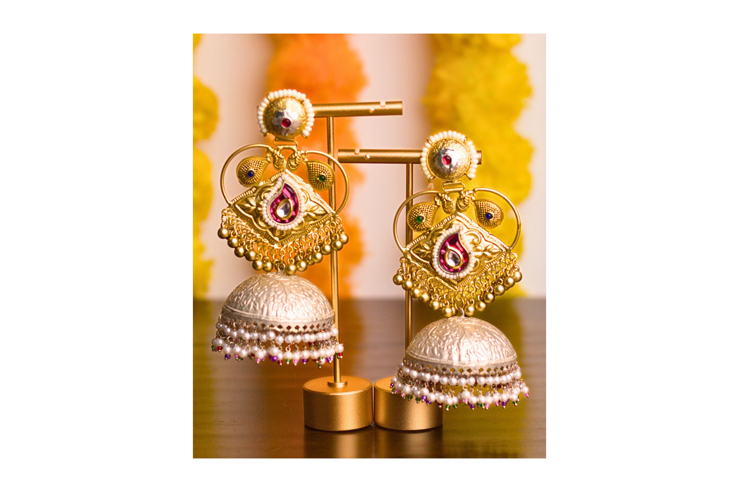 Gold and Silver Rani Pink Paisley Thappi Jhumkas