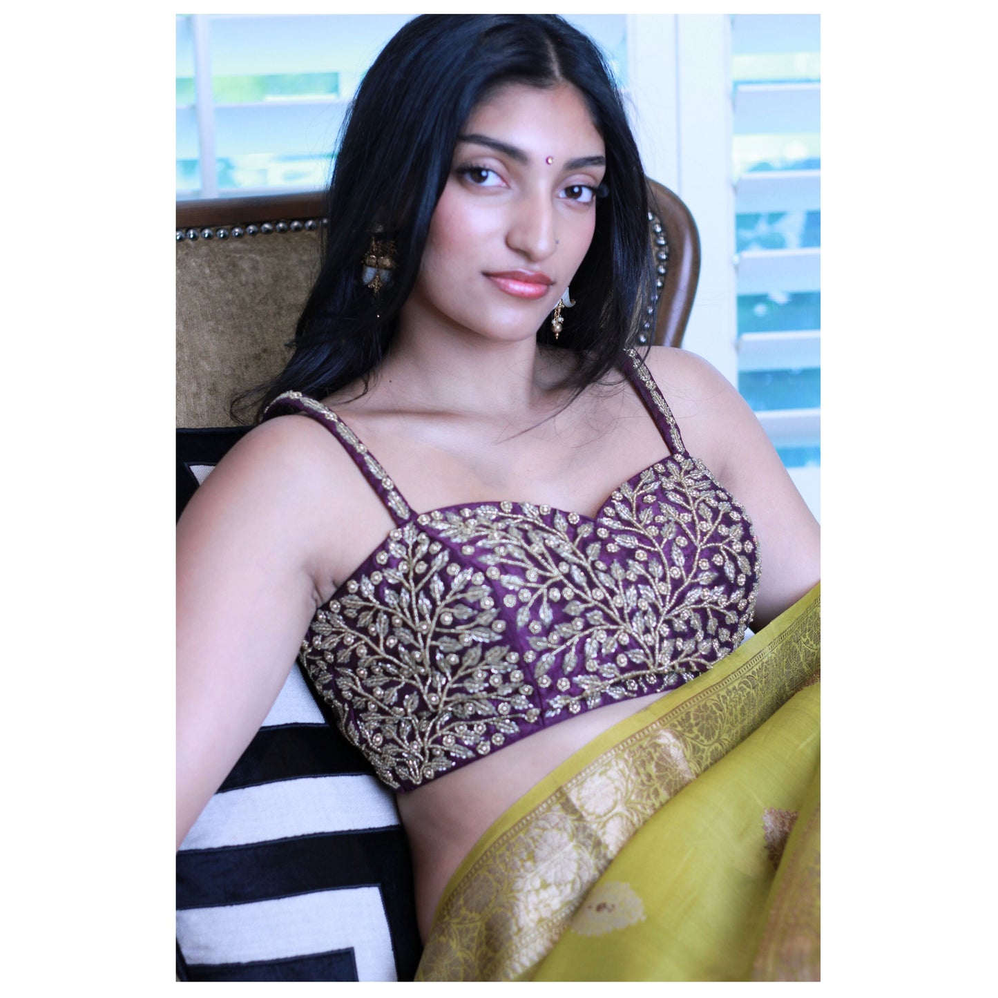 Deep Purple Velvet Blouse with Gold Hand Embroidery / Size 38