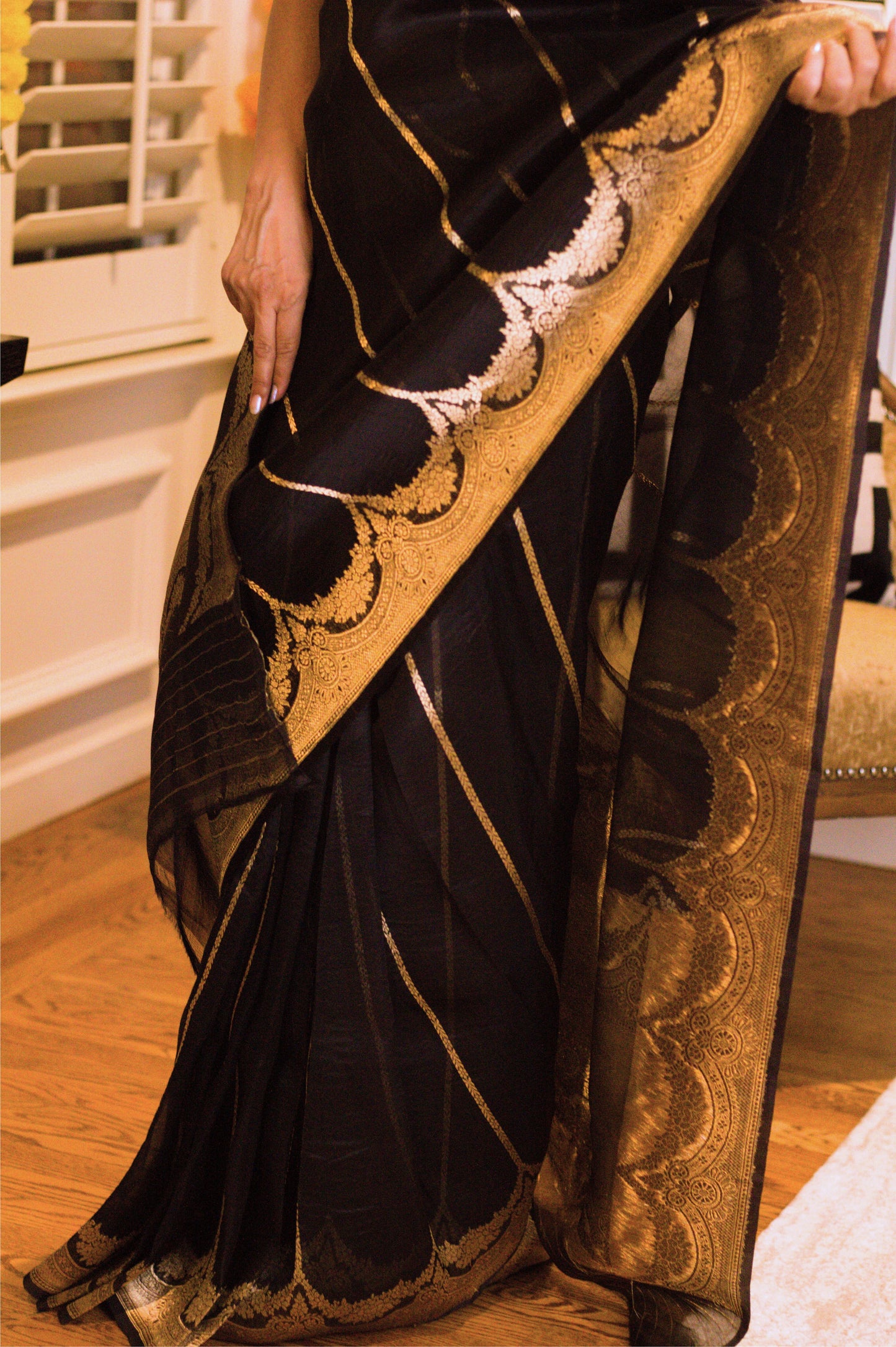 Black Kora Silk Banarasi Handloom Saree With Scallop Border and Stripes In Gold Zari.