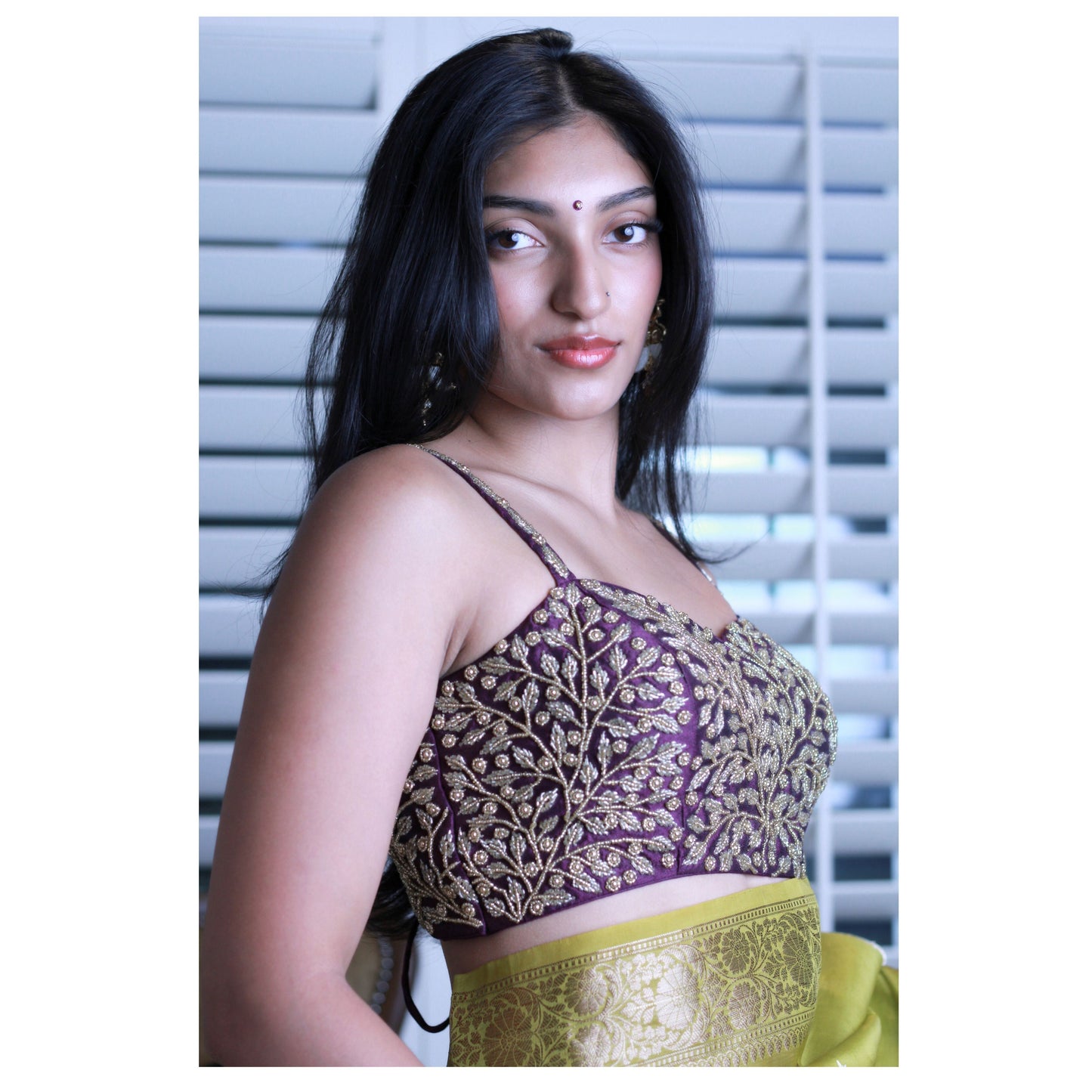 Deep Purple Velvet Blouse with Gold Hand Embroidery / Size 38