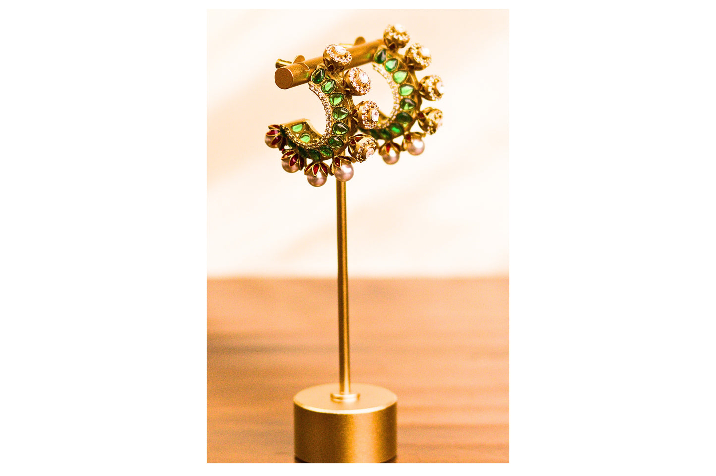 Red and Green Meena Stone and Pearl Half Hoop Earrings