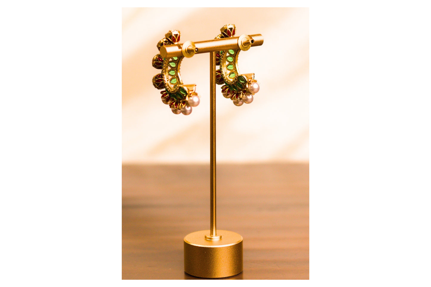 Red and Green Meena Stone and Pearl Half Hoop Earrings