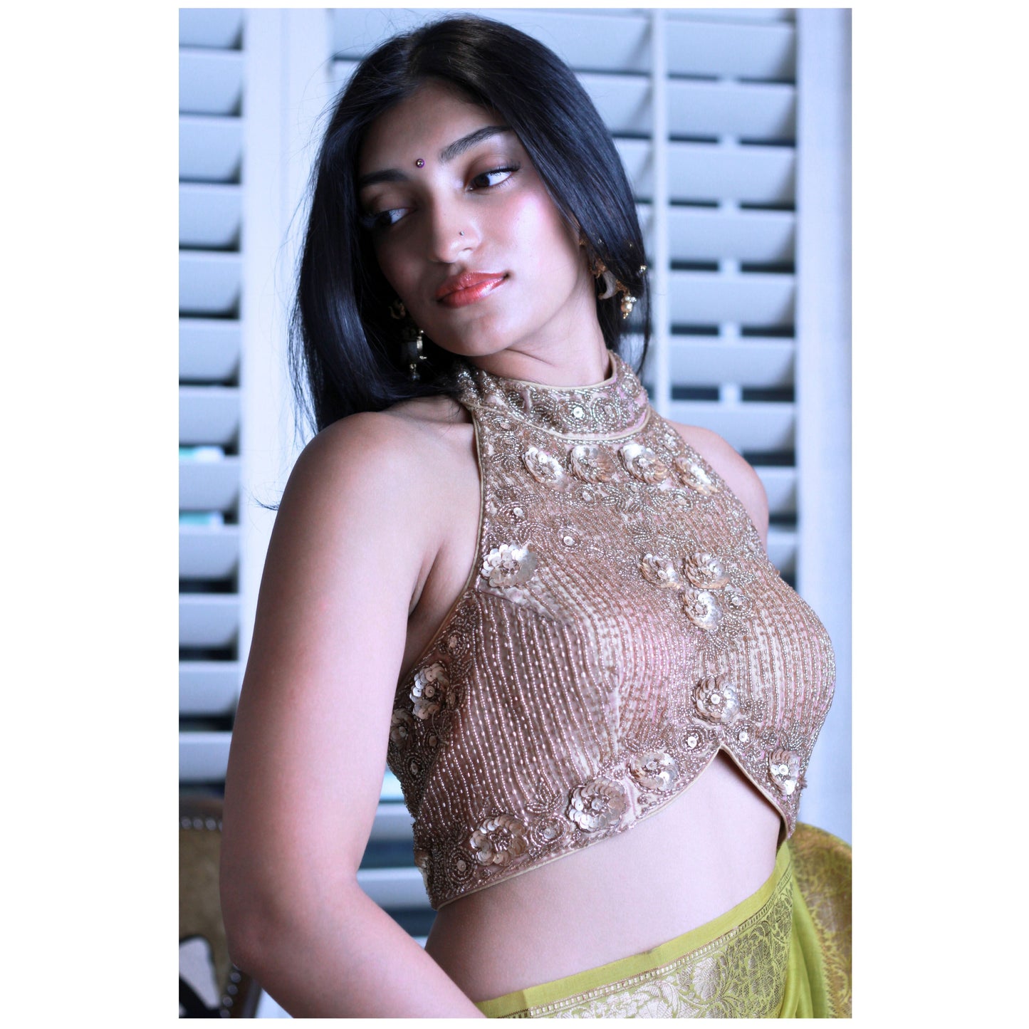 Champagne Hand Embroidered Halter blouse / Size 36