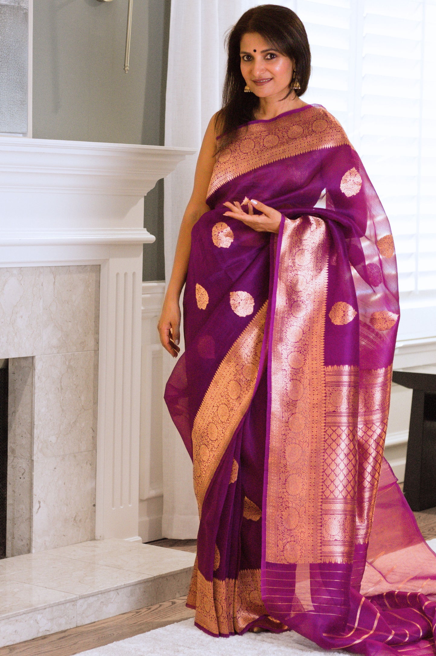 Purple Pure Kora Silk Banarasi Handloom Saree With Gold Zari