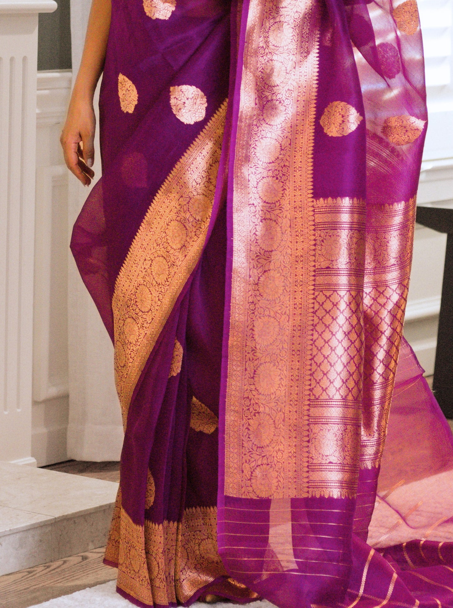 Purple Pure Kora Silk Banarasi Handloom Saree With Gold Zari