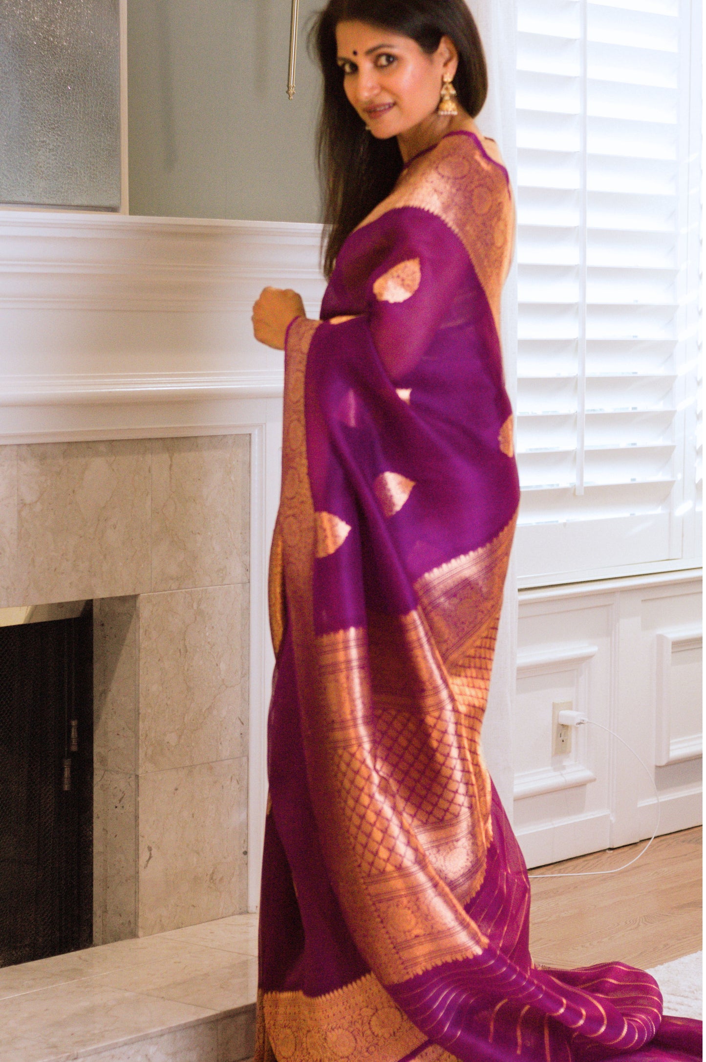 Purple Pure Kora Silk Banarasi Handloom Saree With Gold Zari