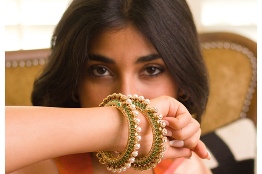 Reversible Green and Red Meena Polki and Pearl Pacheli Kada (Not a set)