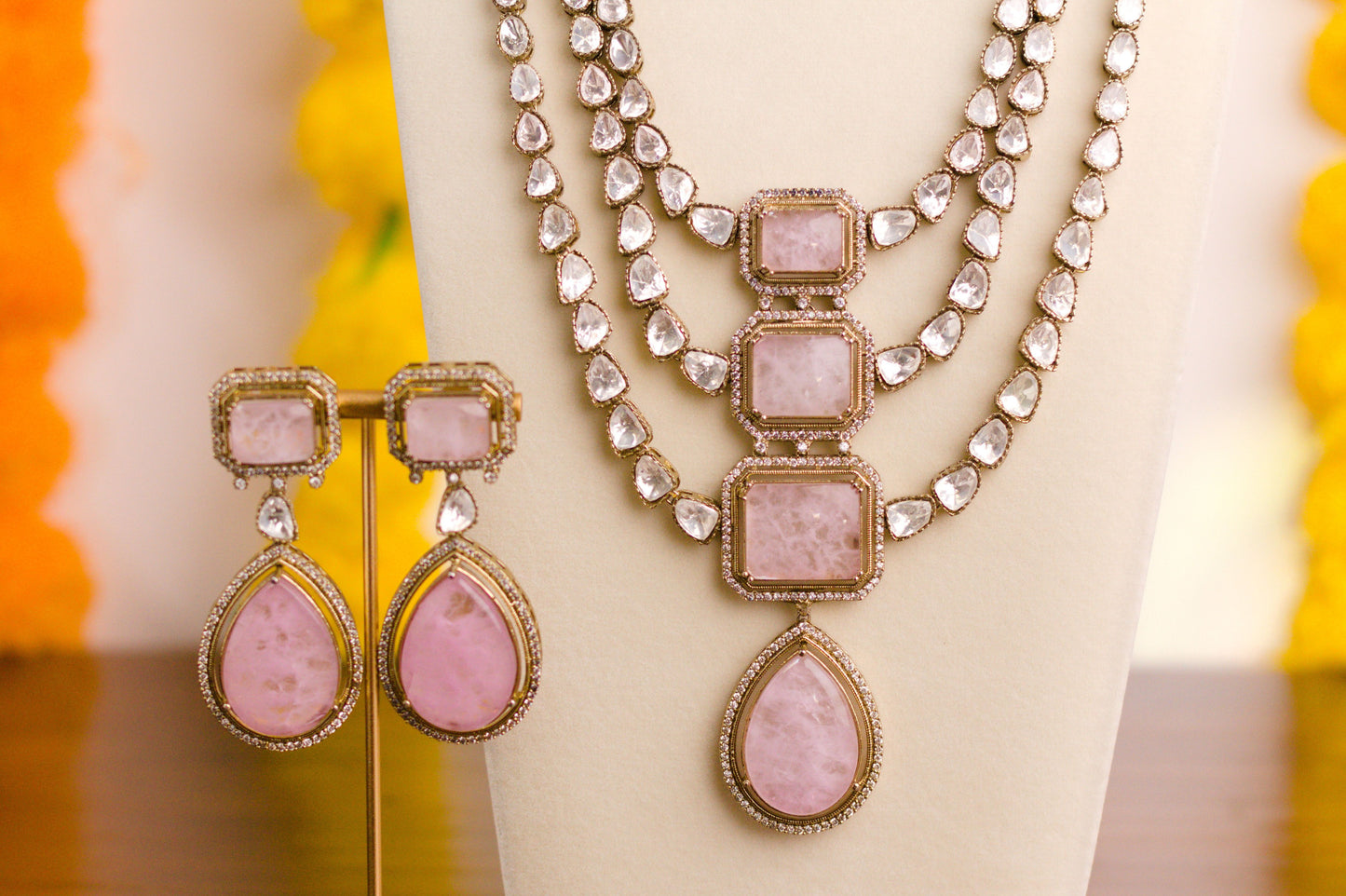 Light Pink Doublet Stone Moissanite Kundan Necklace Set