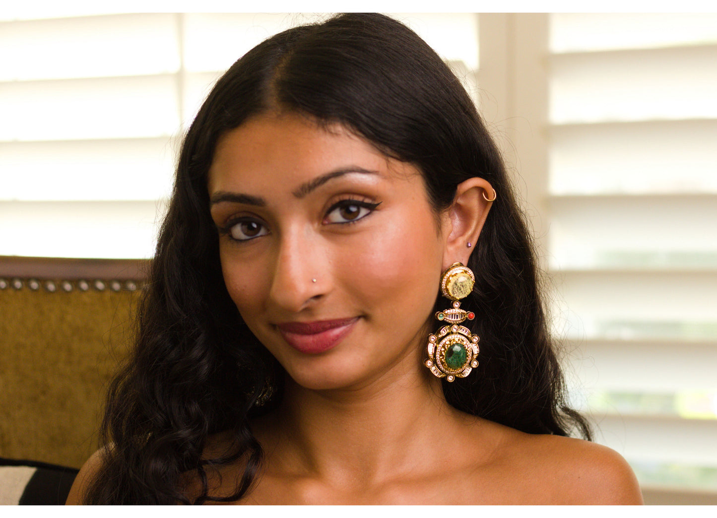 Deep Green Drop Stone Statement Earrings