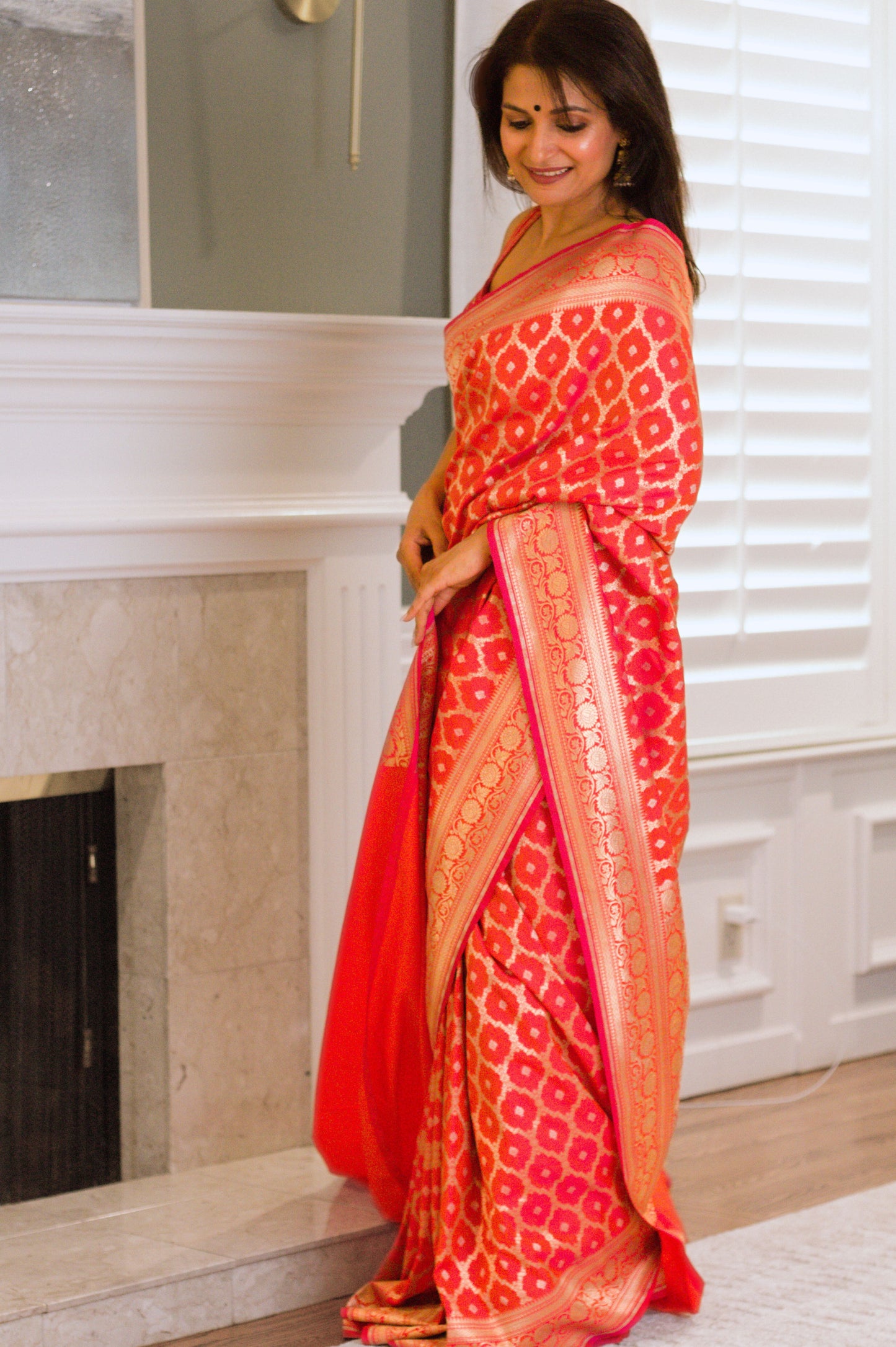 Iridescent Red Banarasi Pure Katan Silk Saree With Gold Zari.