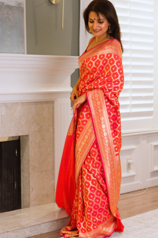 Iridescent Red Banarasi Pure Katan Silk Saree With Gold Zari.