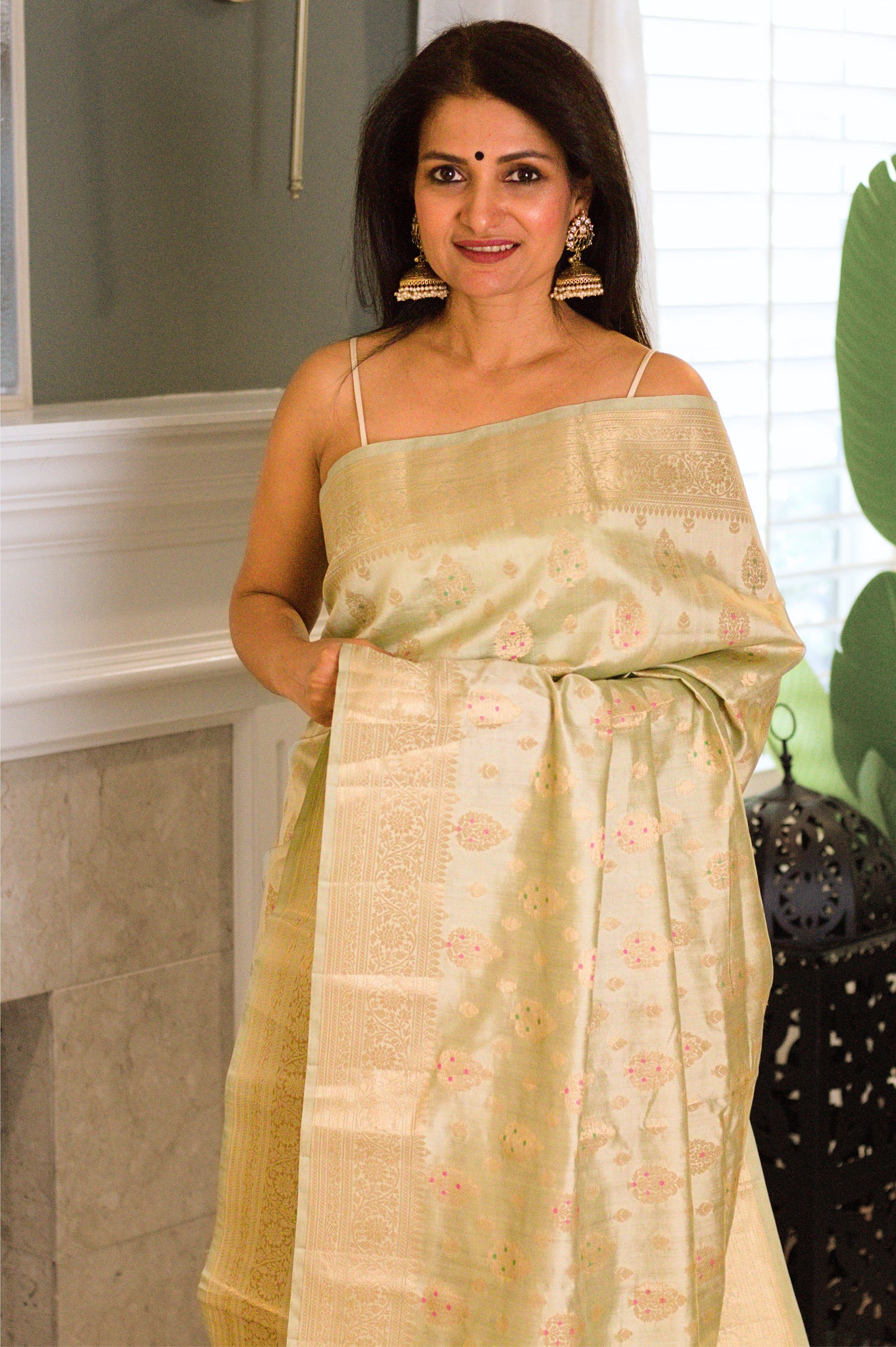 Pearlescent Sage Pure Chiniya Handloom Silk Saree with  Subtle Gold Butis