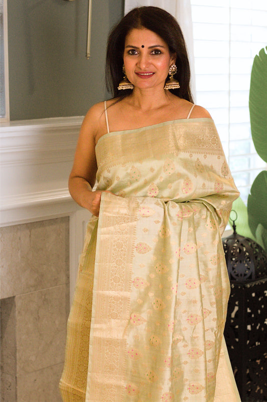 Pearlescent Sage Pure Chiniya Handloom Silk Saree with  Subtle Gold Butis