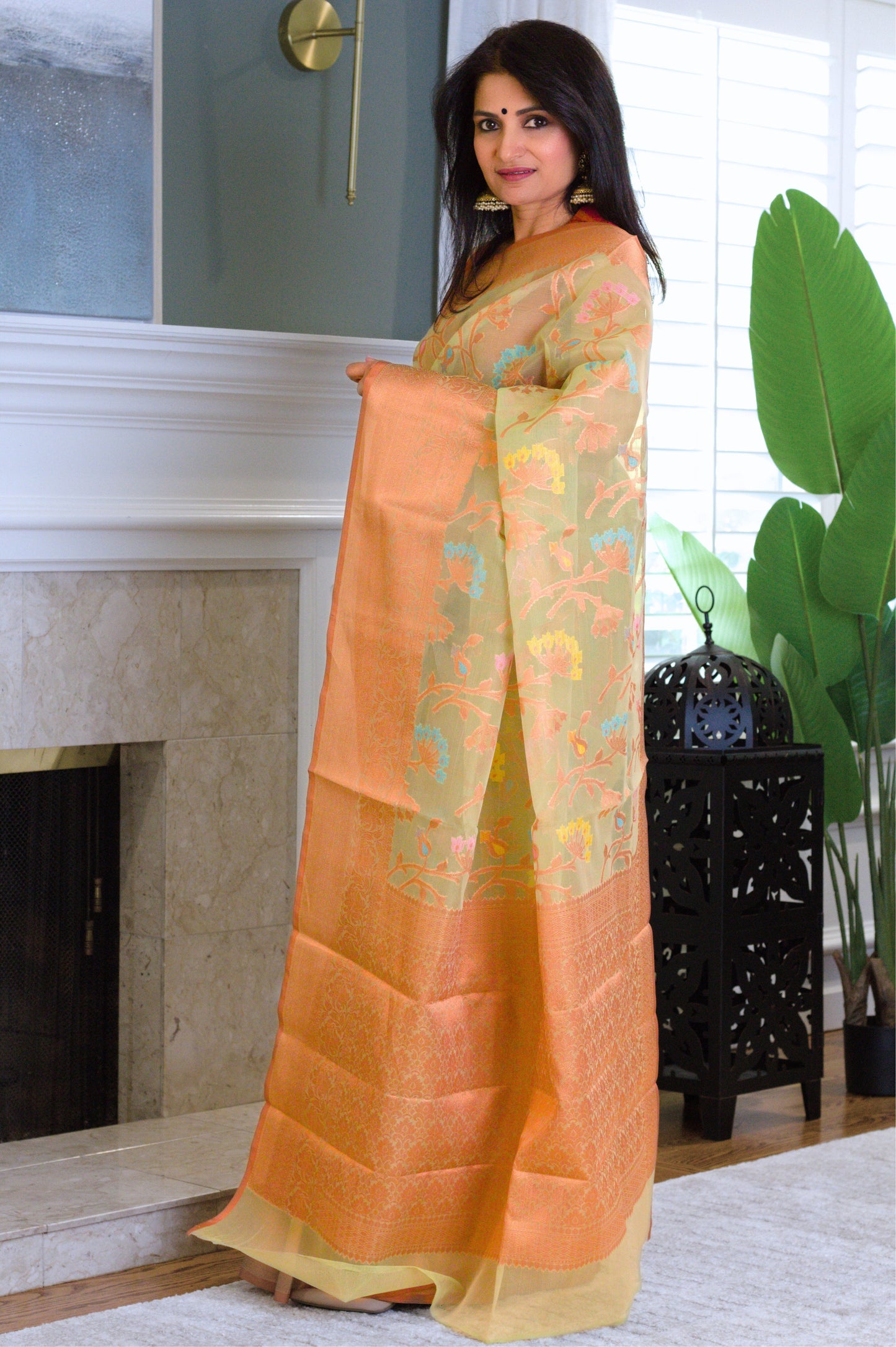 Green Banarasi Organza Meenakari Saree with Copper Zari Border and Pallu.