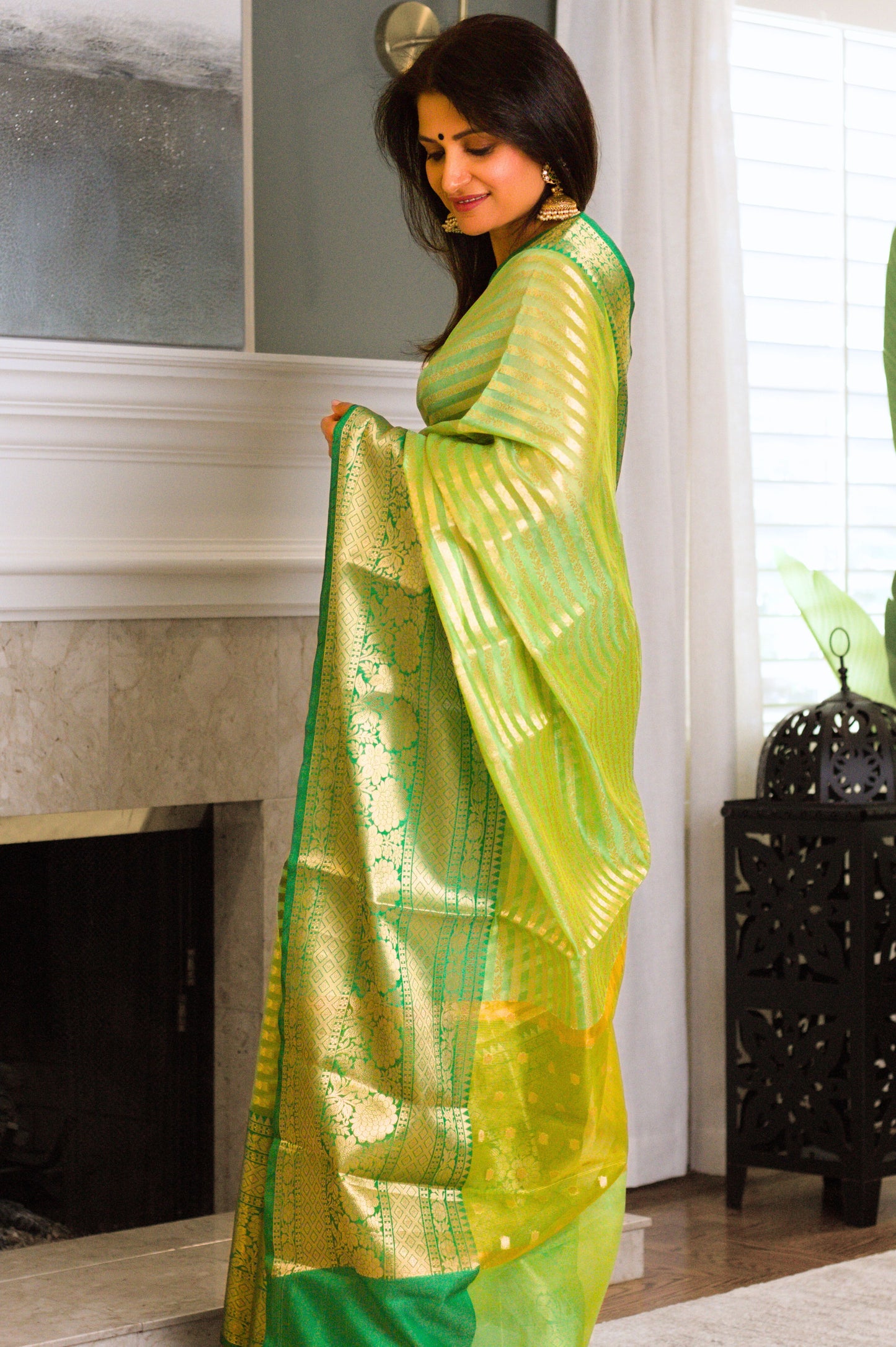 Dewy Green Banarasi Handloom Tissue Saree with Gold Stripes & Zari Border