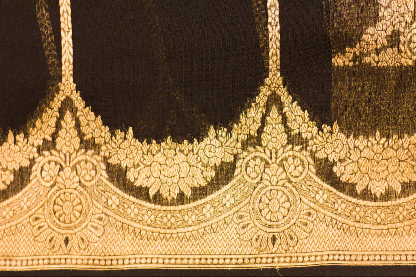 Black Kora Silk Banarasi Handloom Saree With Scallop Border and Stripes In Gold Zari.