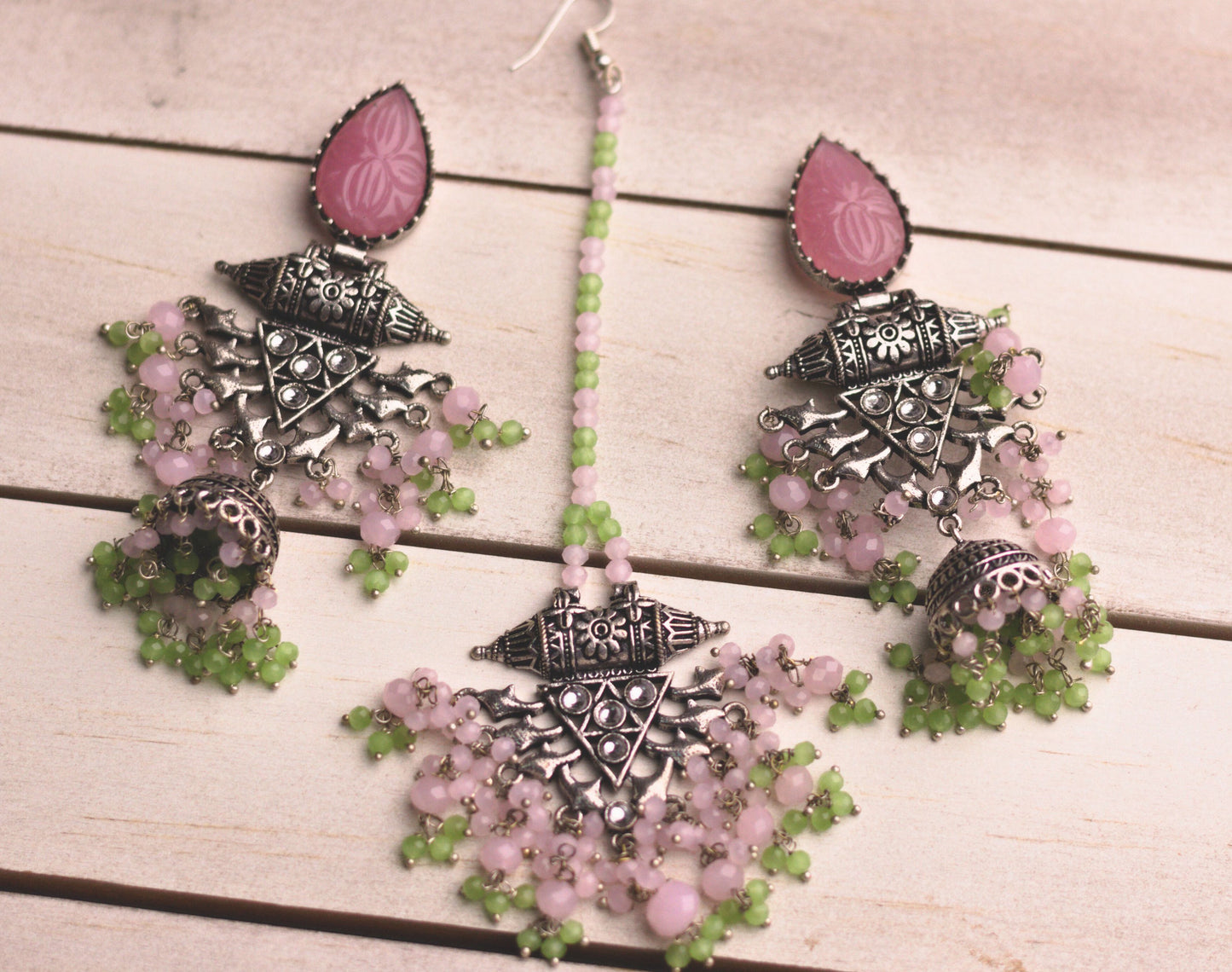 Pink and Silver Earrings and Mang-tika Set