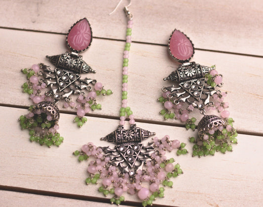 Pink and Silver Earrings and Mang-tika Set