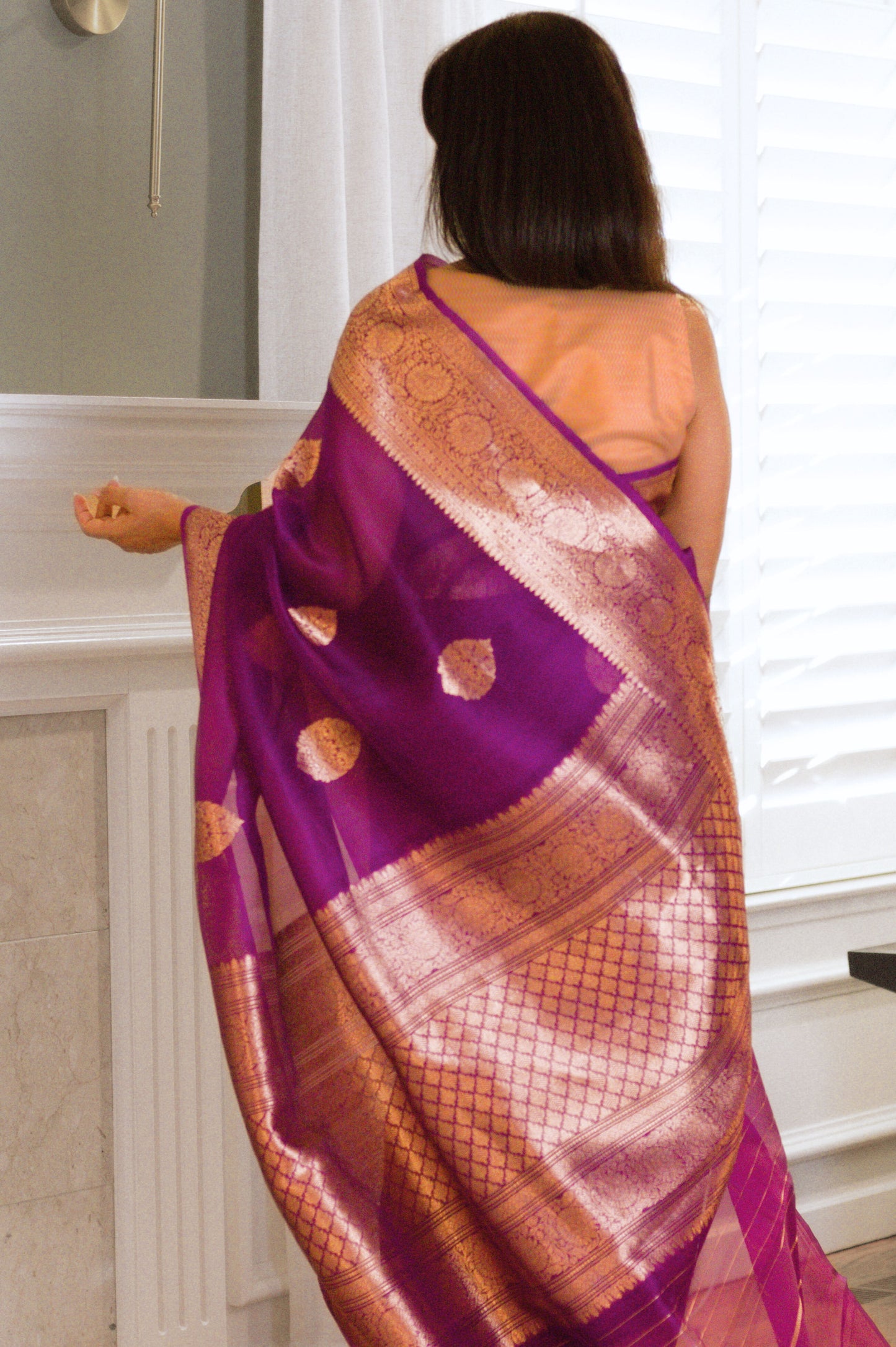 Purple Pure Kora Silk Banarasi Handloom Saree With Gold Zari