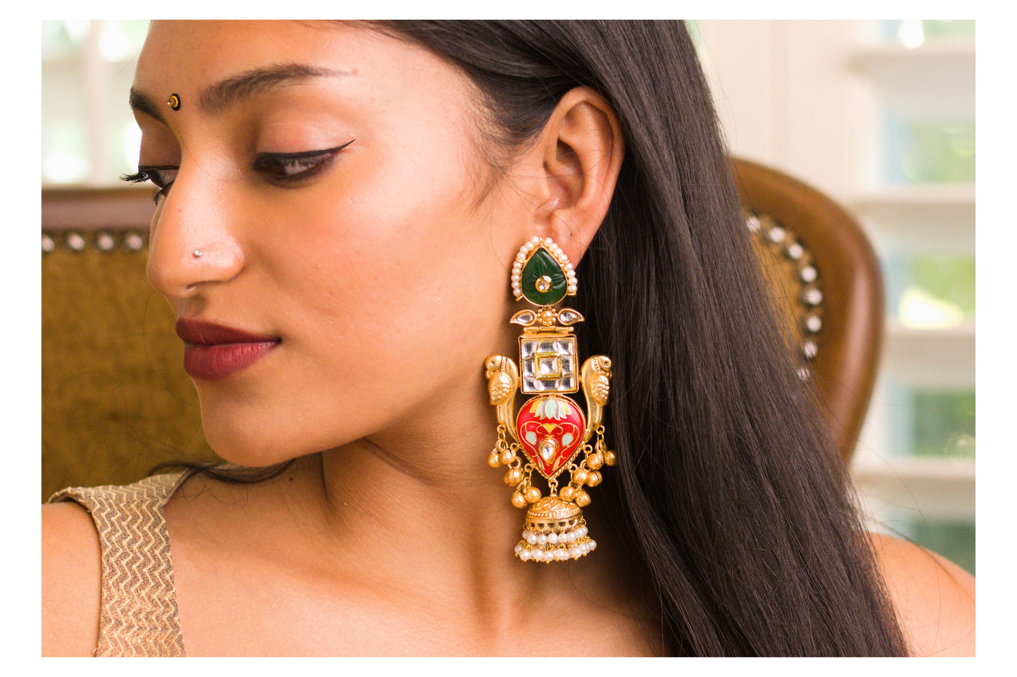 Inlay Paan Jhumkas Green Leaf