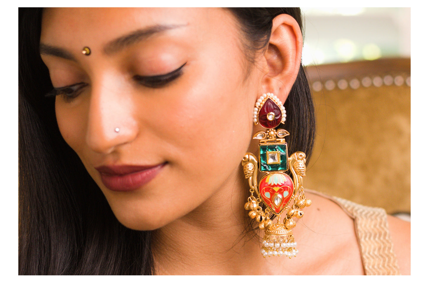 Inlay Paan Jhumkas Red Leaf