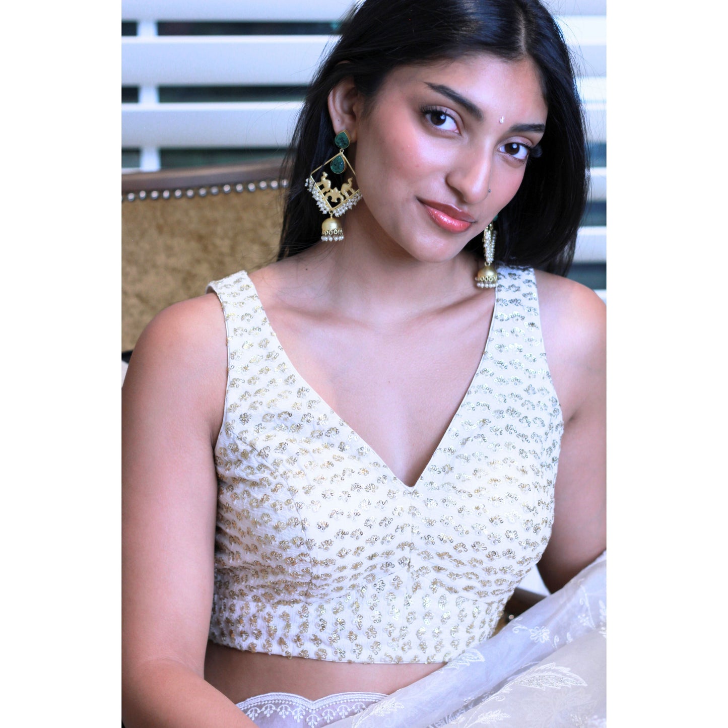 Ivory Sequin Detail Saree Blouse / Size 36