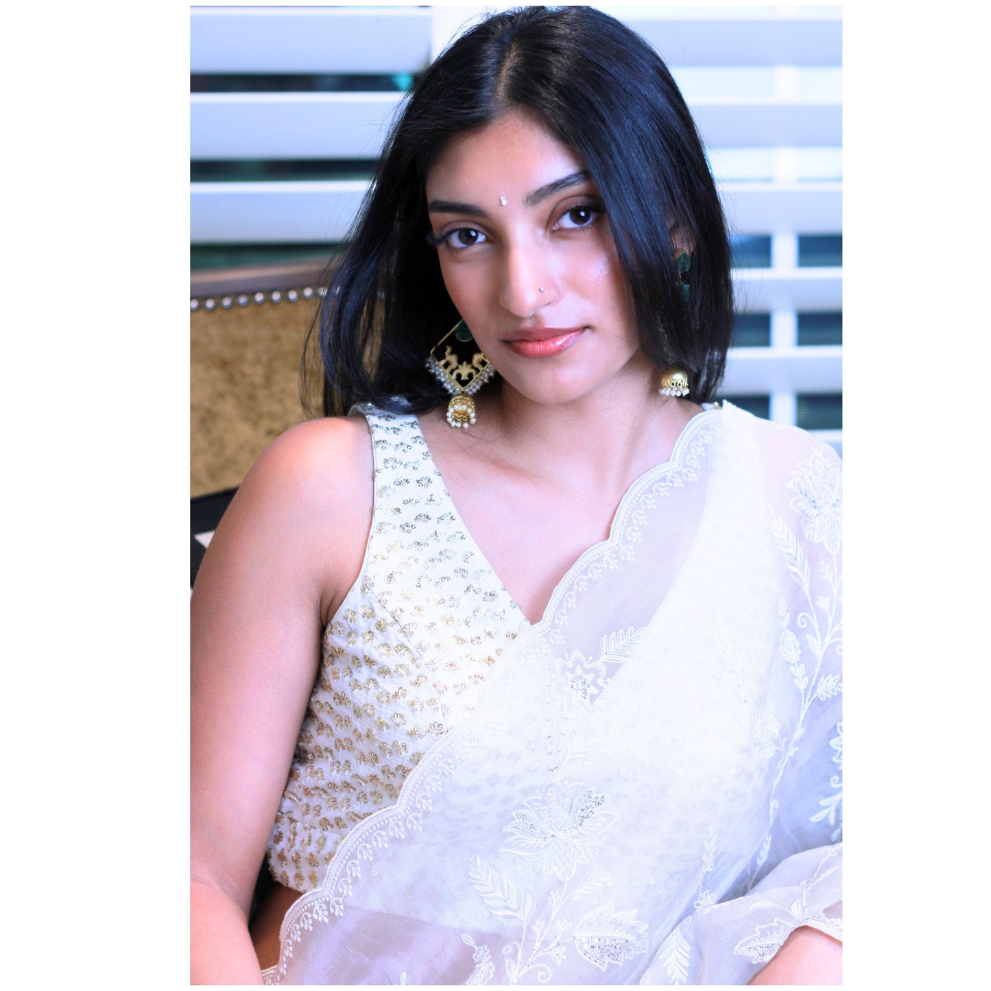 Ivory Sequin Detail Saree Blouse / Size 36