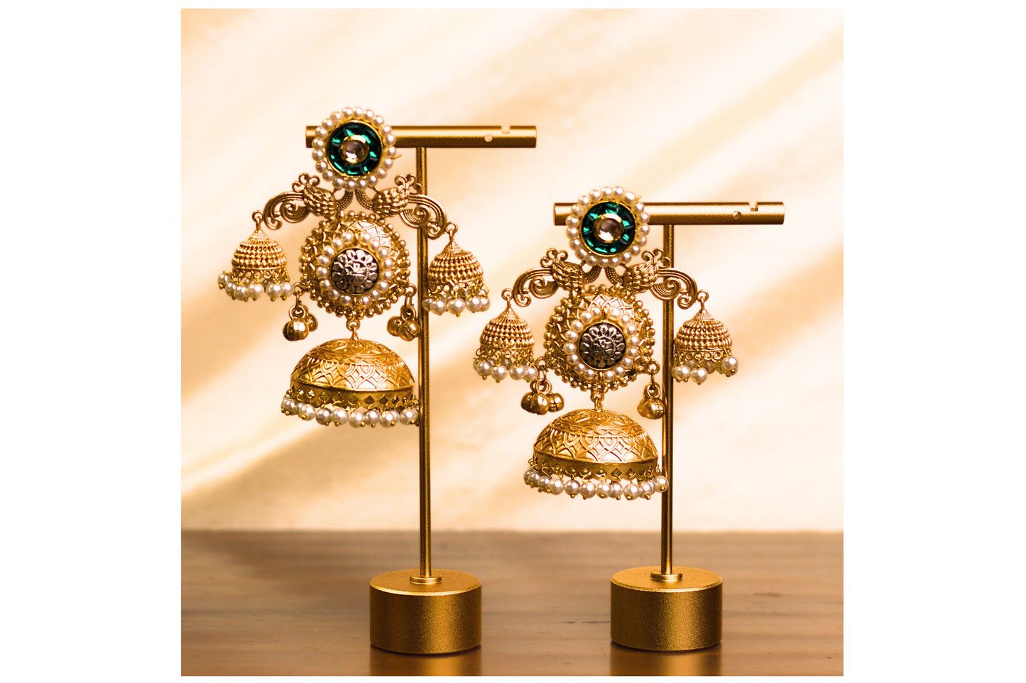 Green and Gold Three Jhumka Earrings