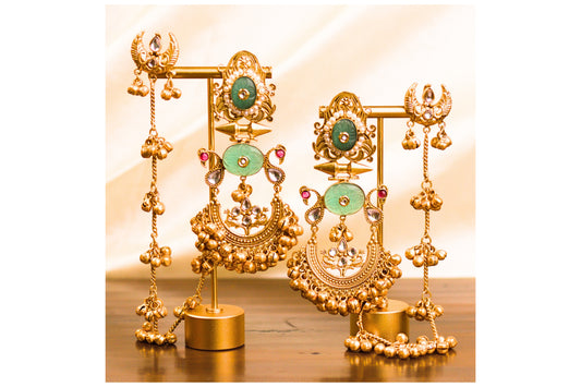 Aqua Shy Bird Jharoka Chandbalis with Kaan Chain