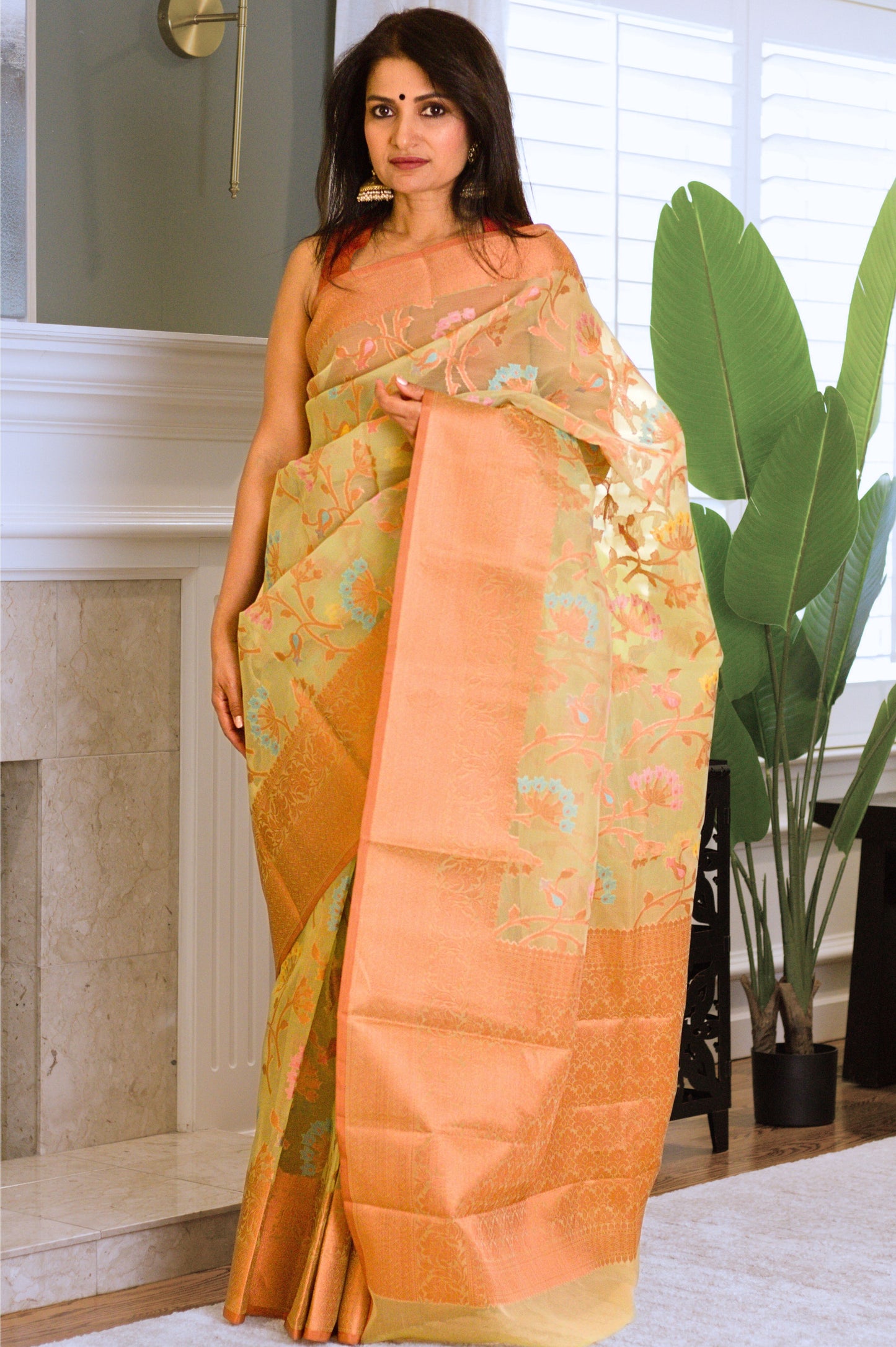 Green Banarasi Organza Meenakari Saree with Copper Zari Border and Pallu.
