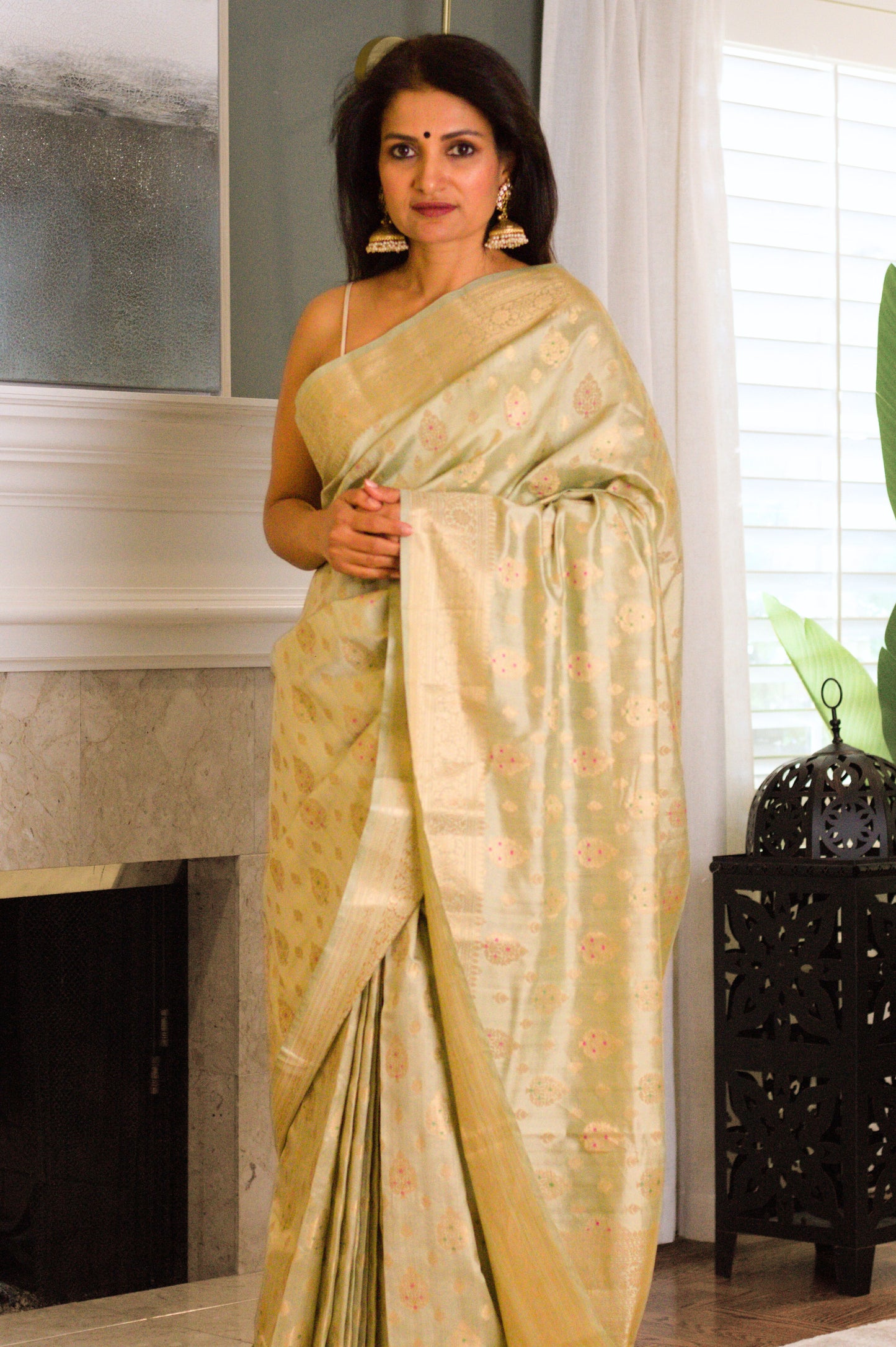 Pearlescent Sage Pure Chiniya Handloom Silk Saree with  Subtle Gold Butis