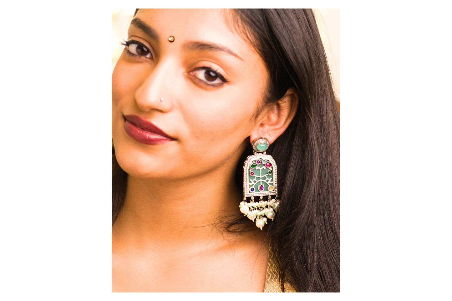 Aqua Inlay Jharoka Earrings