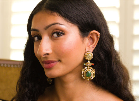 Deep Green Drop Stone Statement Earrings