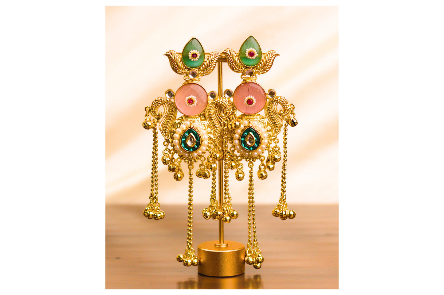 Pink and Mint Ghungroo On Chains Earrings