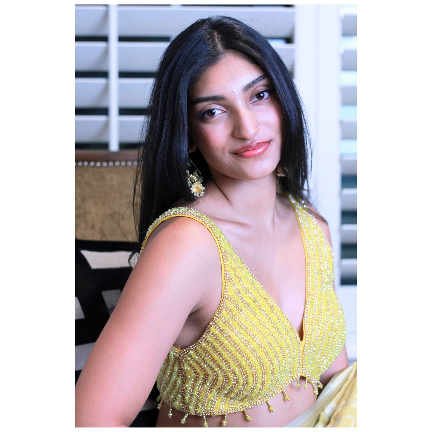 Yellow Crystal and Stone hand Embroidered Blouse.