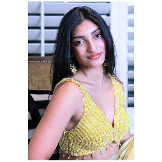 Yellow Crystal and Stone hand Embroidered Blouse.