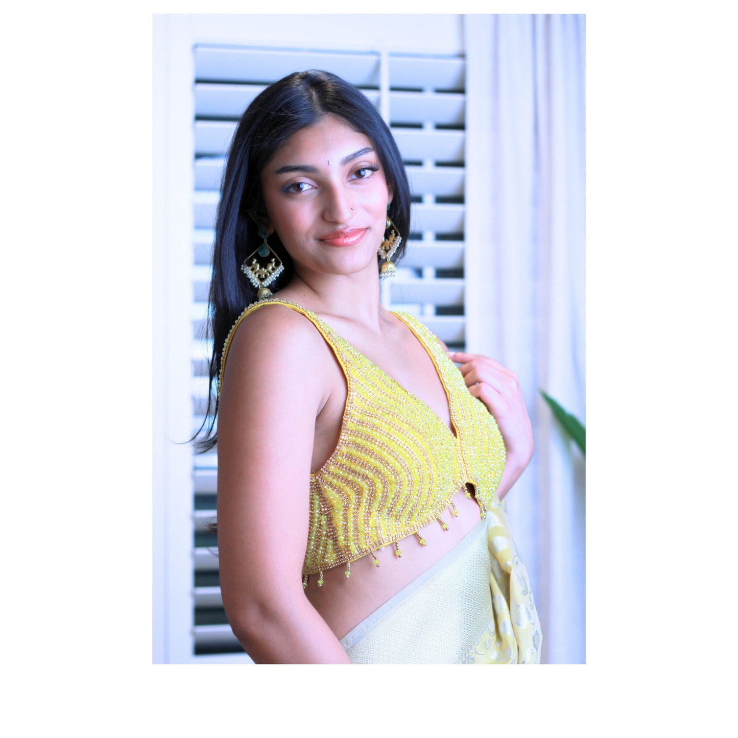 Yellow Crystal and Stone hand Embroidered Blouse.