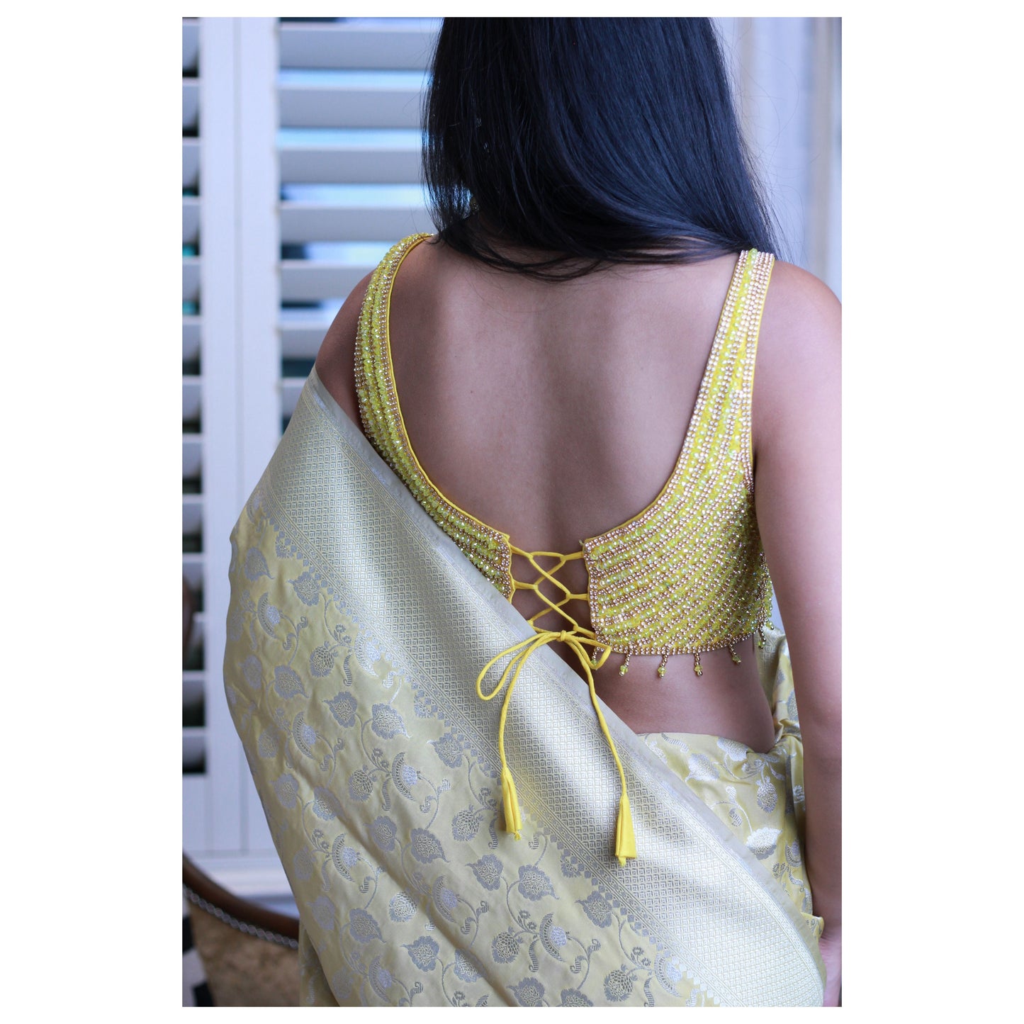 Yellow Crystal and Stone hand Embroidered Blouse.