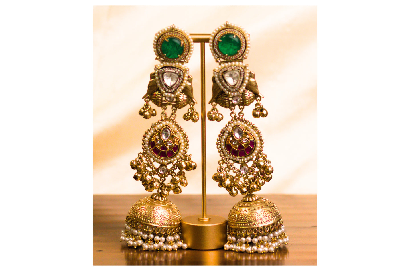 Long Green Stone Bird and Chand Jhumkas