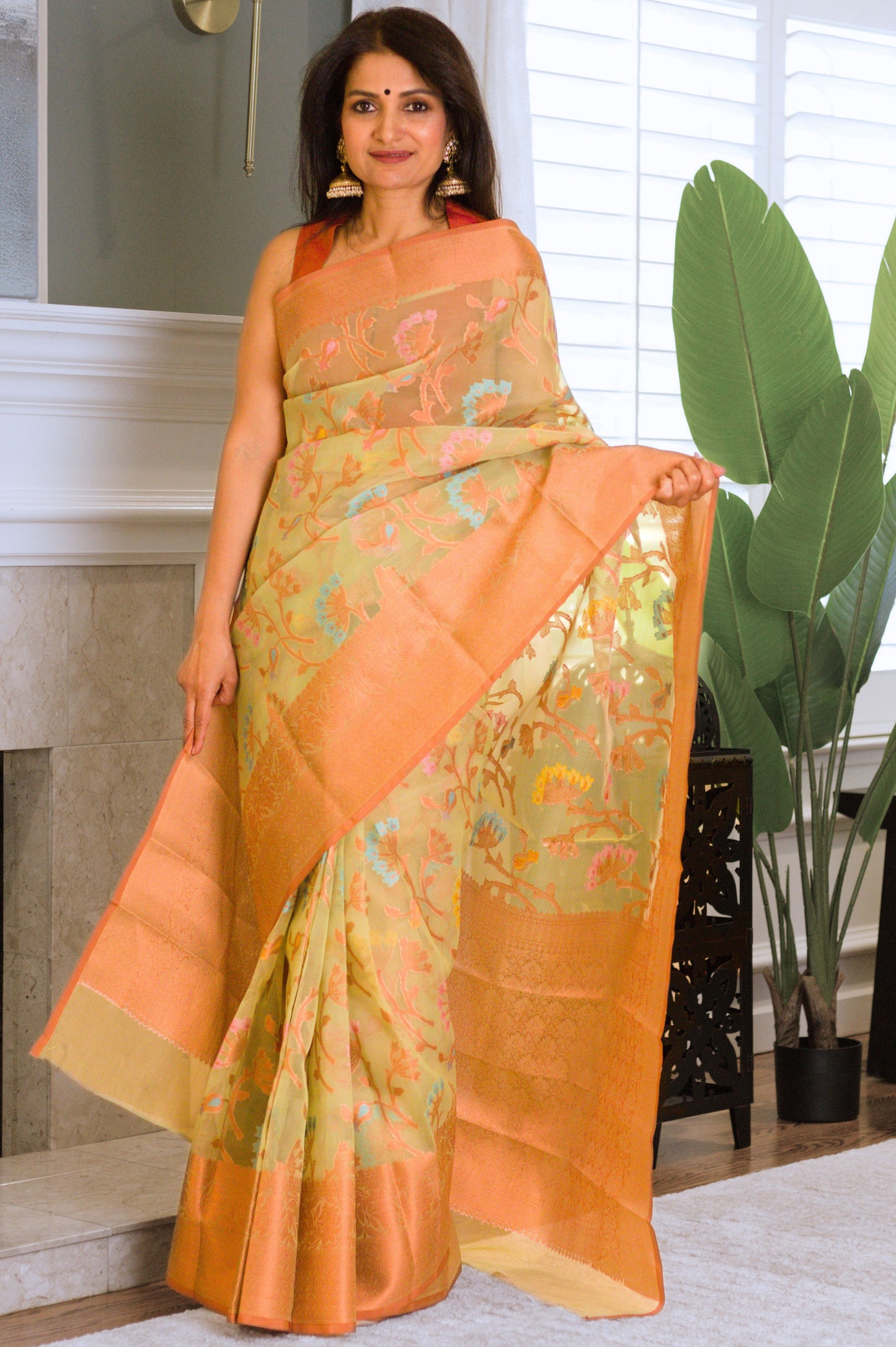 Green Banarasi Organza Meenakari Saree with Copper Zari Border and Pallu.