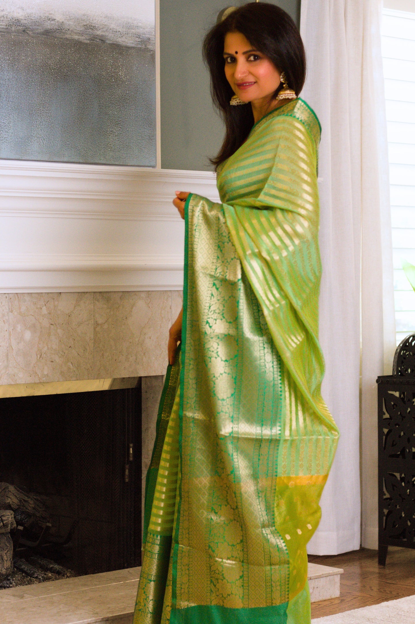 Dewy Green Banarasi Handloom Tissue Saree with Gold Stripes & Zari Border