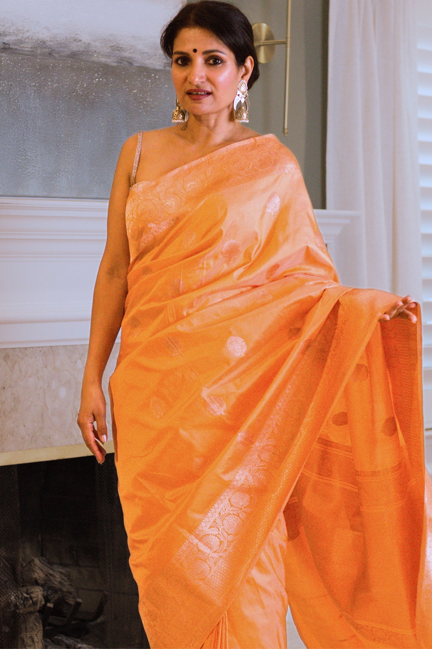 Pearlescent Peach Banarasi Silk Saree With Copper Jari
