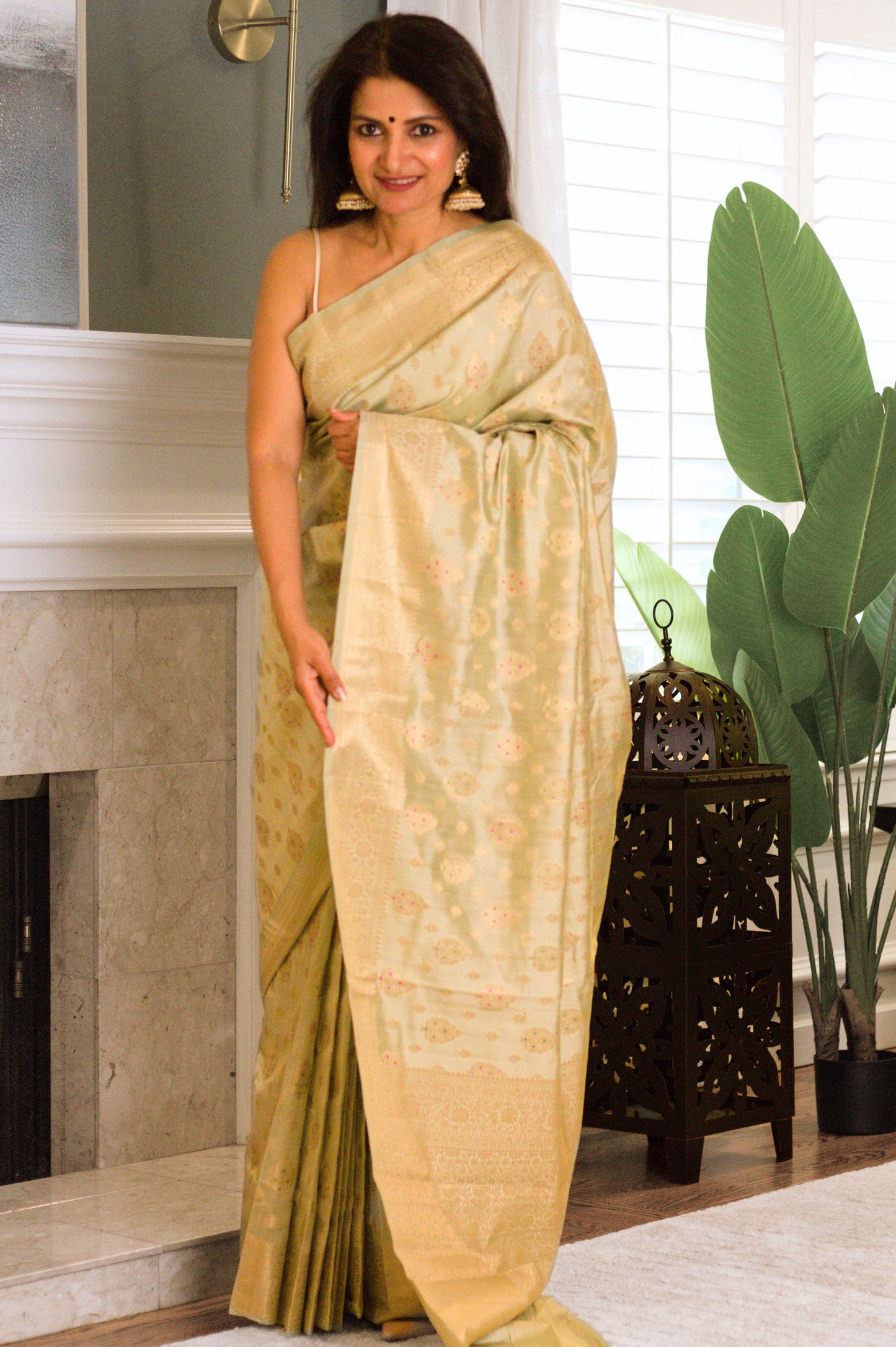 Pearlescent Sage Pure Chiniya Handloom Silk Saree with  Subtle Gold Butis