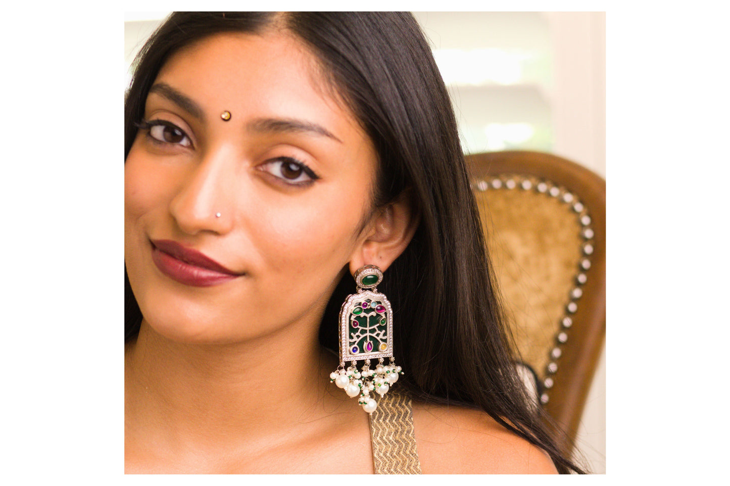 Dark Green Inlay Jharoka Earrings