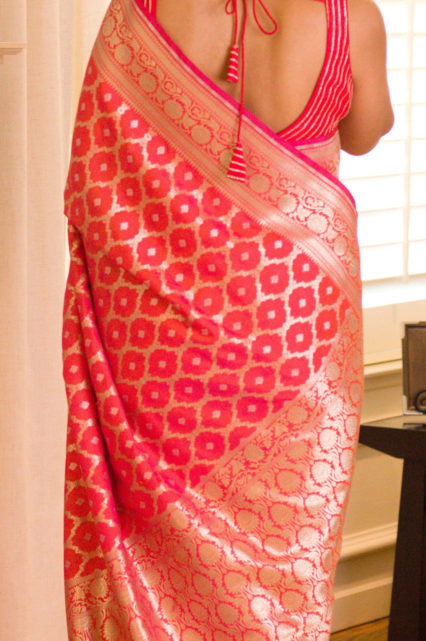 Iridescent Red Banarasi Pure Katan Silk Saree With Gold Zari.