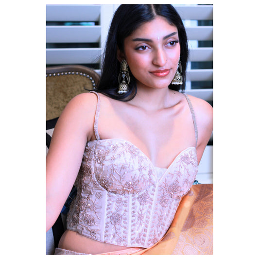 Blush Pink Semi Sheer Hand Embroidered Corset Blouse